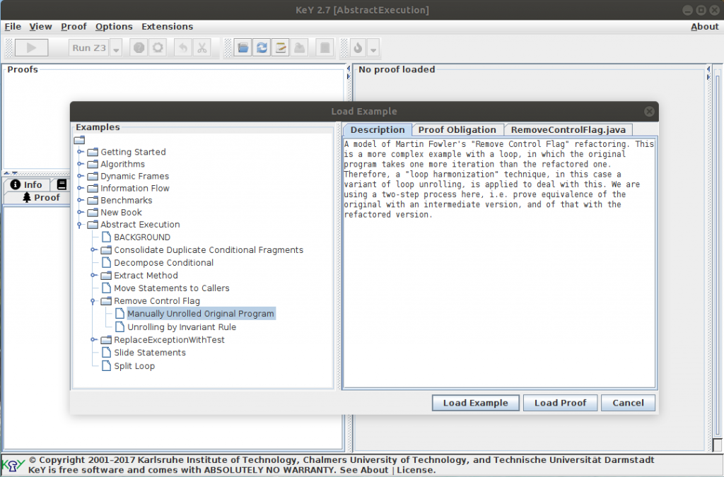 Screenshot of the "Load Example" dialog in KeY, with the Remove Control Flag example chosen.